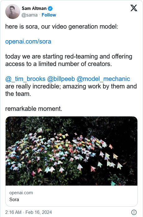 OpenAI 正在推出一种新的视频生成模型,它的名字叫 Sora OpenAI 正在推出一种新的视频生成模型,它的名字叫 Sora