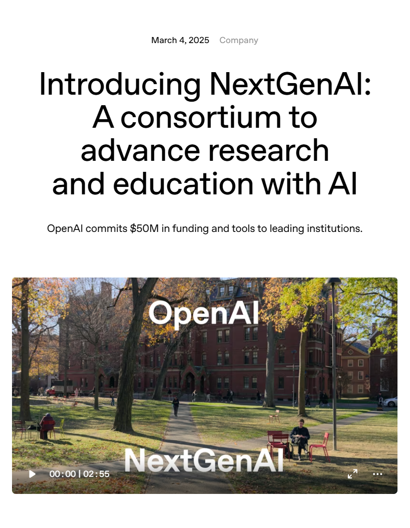 OpenAI 携手十余所顶尖大学启动 NextGenAI 联盟,豪掷 5000 万美元推动教育变革 OpenAI 携手十余所顶尖大学启动 NextGenAI 联盟,豪掷 5000 万美元推动教育变革