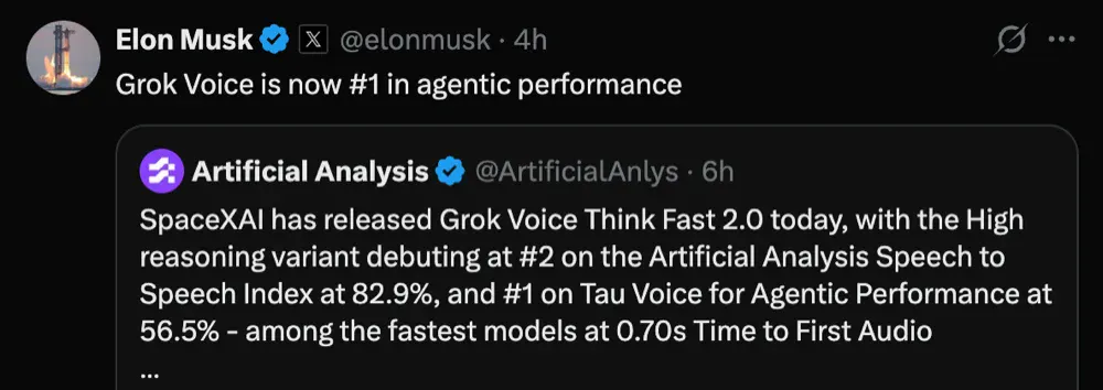 Grok发布AI语音模型Grok Voice Think Fast 2.0!登智能体测评榜首,比OpenAI家便宜一半 Grok发布AI语音模型Grok Voice Think Fast 2.0!登智能体测评榜首,比OpenAI家便宜一半