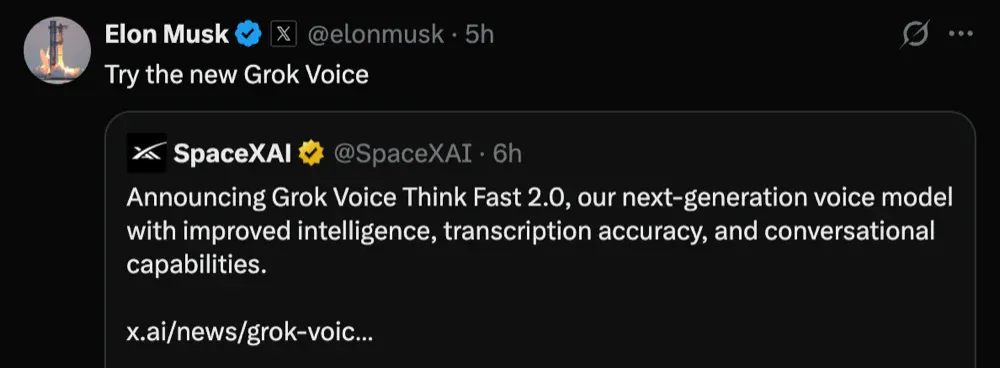 Grok发布AI语音模型Grok Voice Think Fast 2.0!登智能体测评榜首,比OpenAI家便宜一半 Grok发布AI语音模型Grok Voice Think Fast 2.0!登智能体测评榜首,比OpenAI家便宜一半