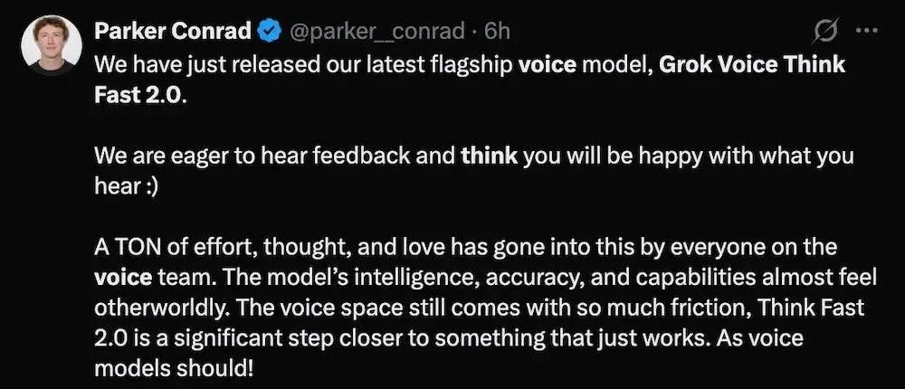 Grok发布AI语音模型Grok Voice Think Fast 2.0!登智能体测评榜首,比OpenAI家便宜一半 Grok发布AI语音模型Grok Voice Think Fast 2.0!登智能体测评榜首,比OpenAI家便宜一半
