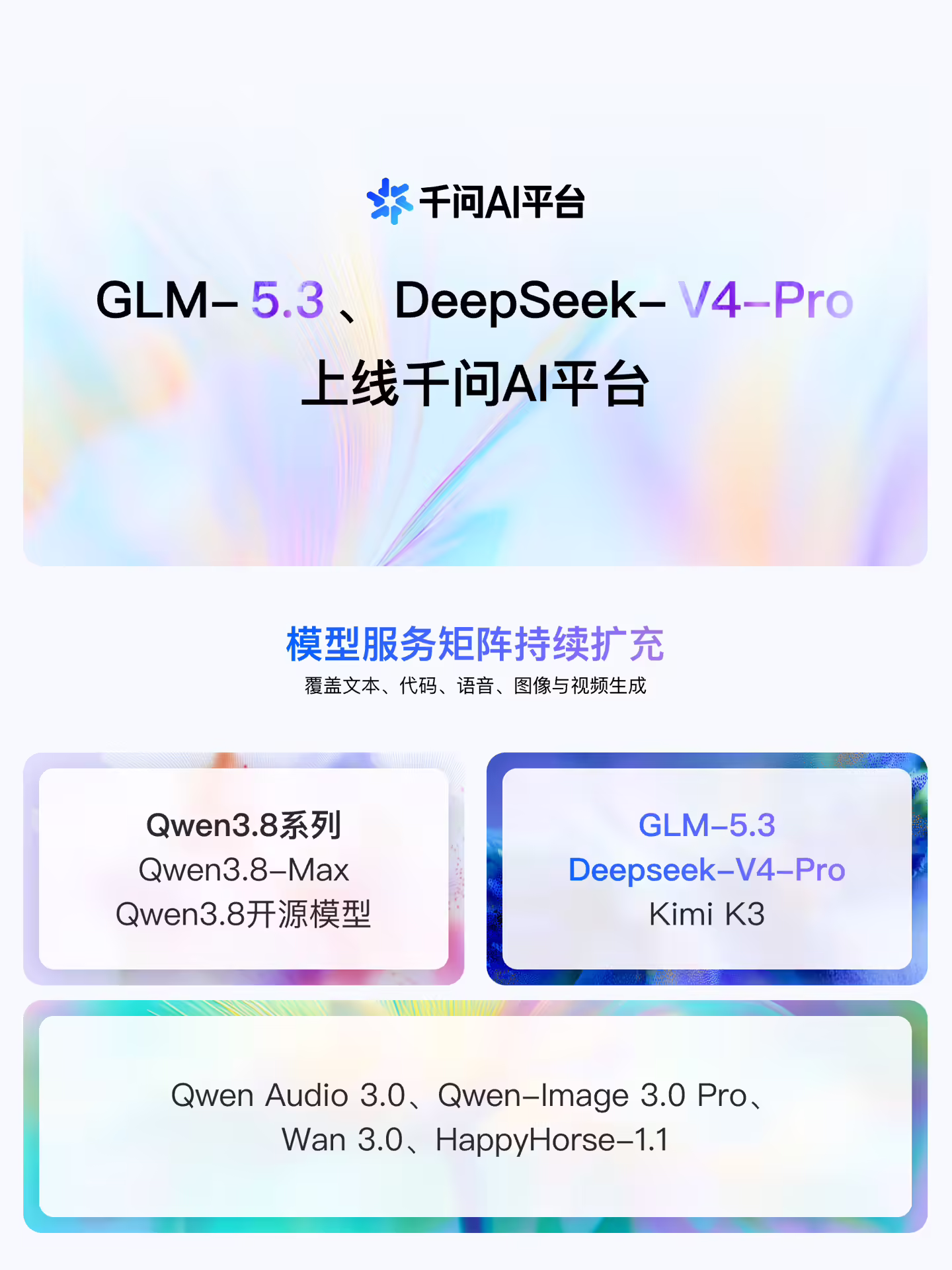 阿里云:GLM-5.3、Deepseek-V4-Pro 等多款模型上线千问 AI 平台 阿里云:GLM-5.3、Deepseek-V4-Pro 等多款模型上线千问 AI 平台