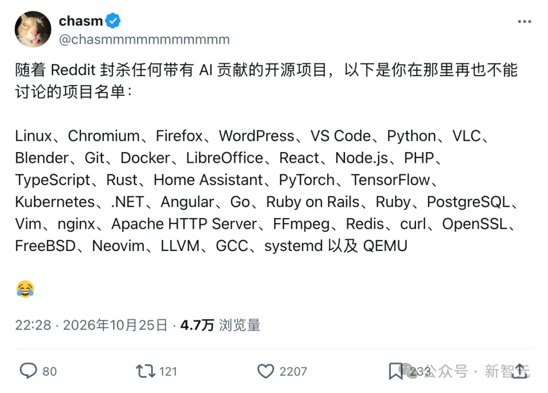 刚刚，Reddit最大开源社区全面封杀AI！Linux和Python被除名